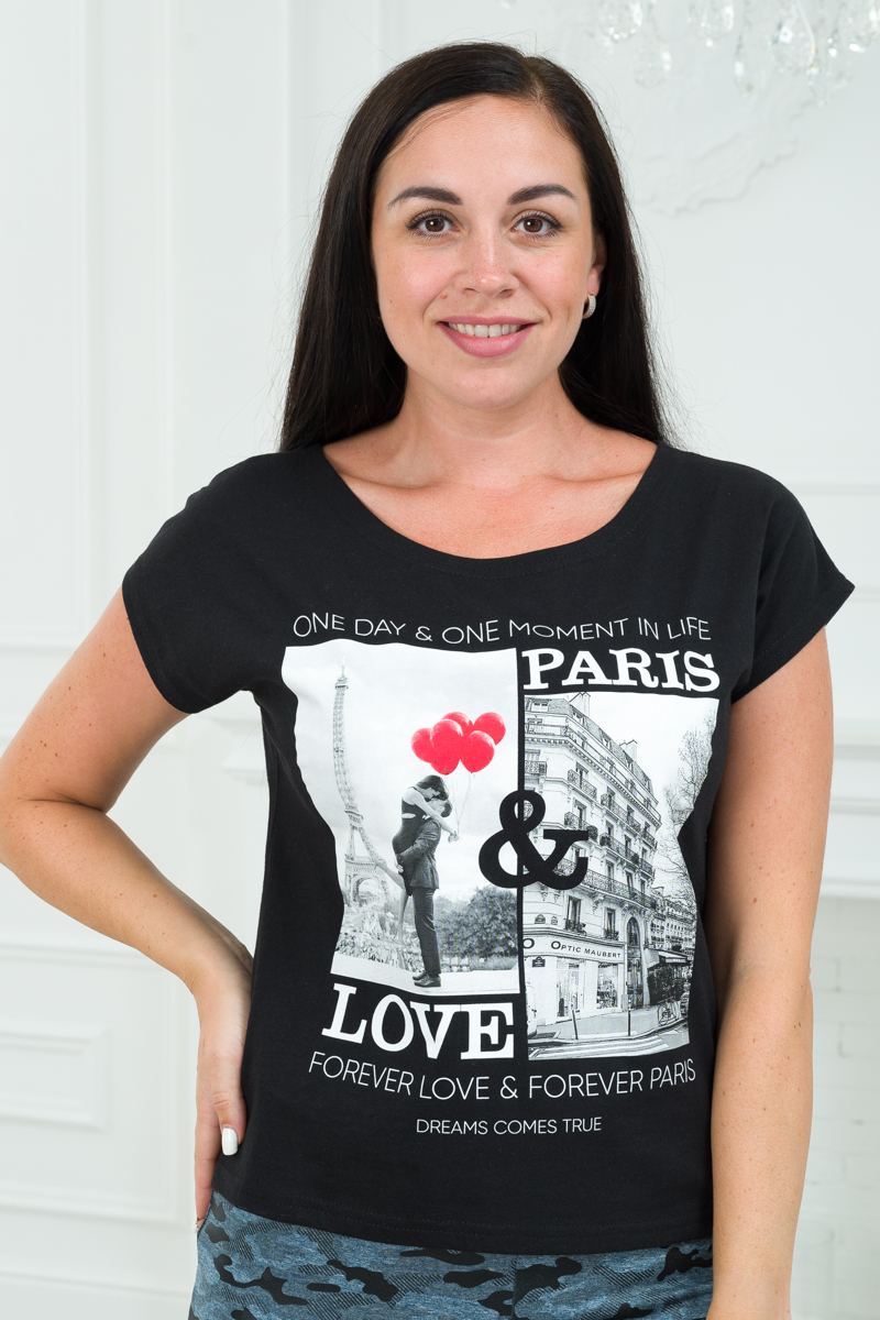 Футболка женская со спущенным плечом из кулирки Лира черный с принтом Paris