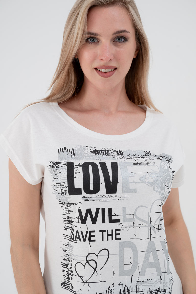 Футболка женская со спущенным плечом из кулирки Лира молочный с принтом Love