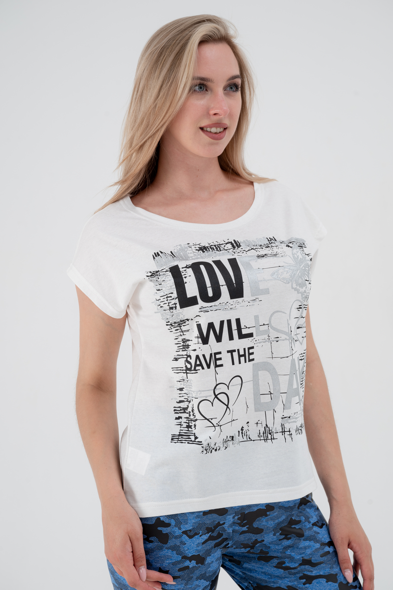 Футболка женская со спущенным плечом из кулирки Лира молочный с принтом Love