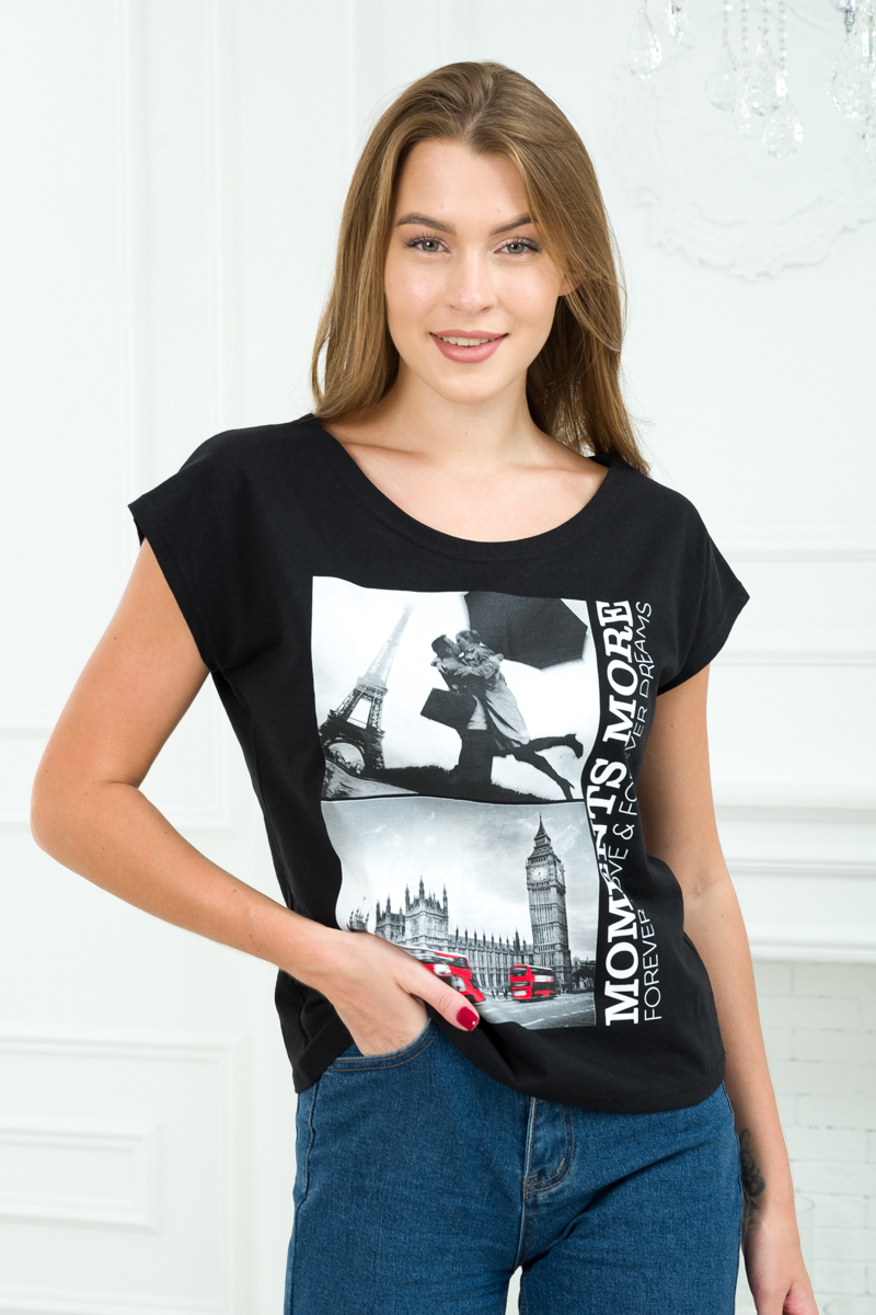 Футболка женская со спущенным плечом из кулирки Лира черный с принтом Moments