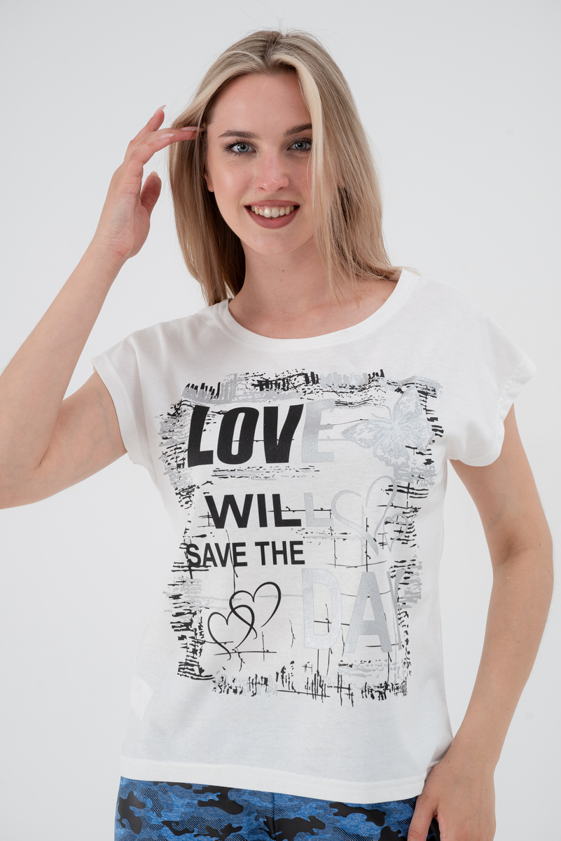 Футболка женская со спущенным плечом из кулирки Лира молочный с принтом Love