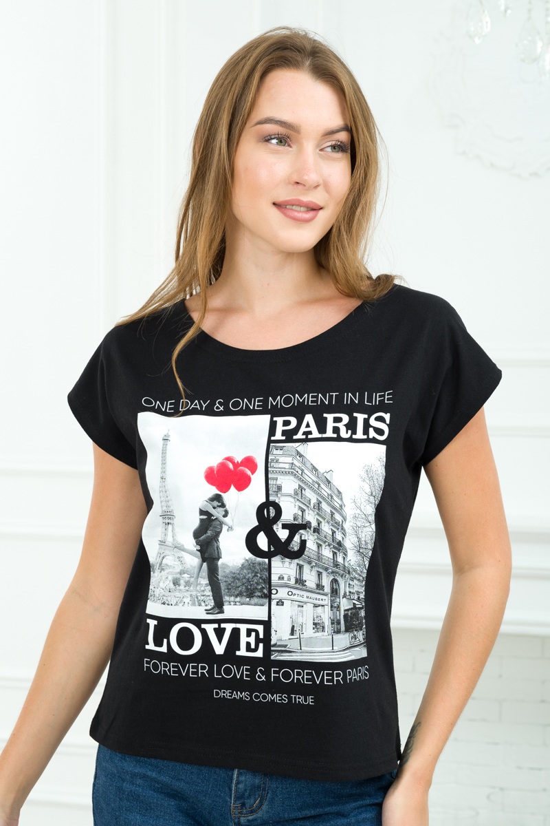 Футболка женская со спущенным плечом из кулирки Лира черный с принтом Paris