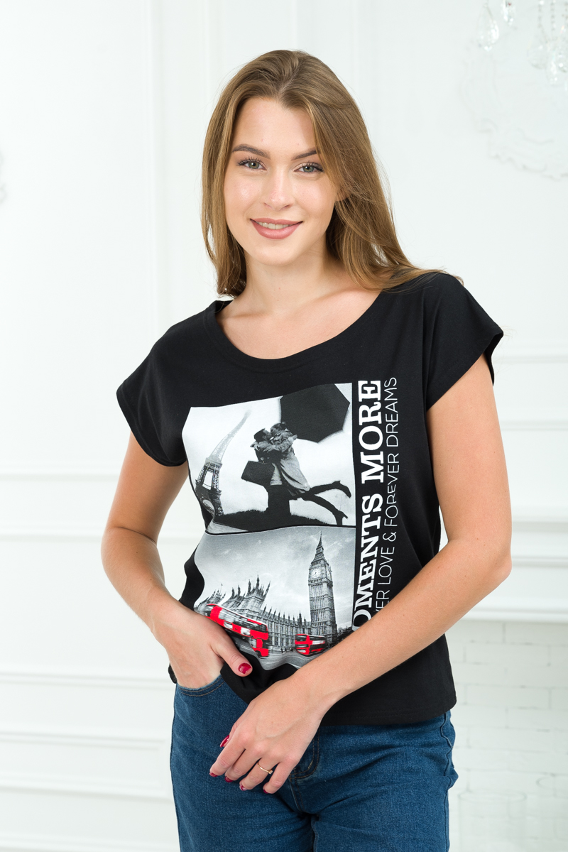 Футболка женская со спущенным плечом из кулирки Лира черный с принтом Moments