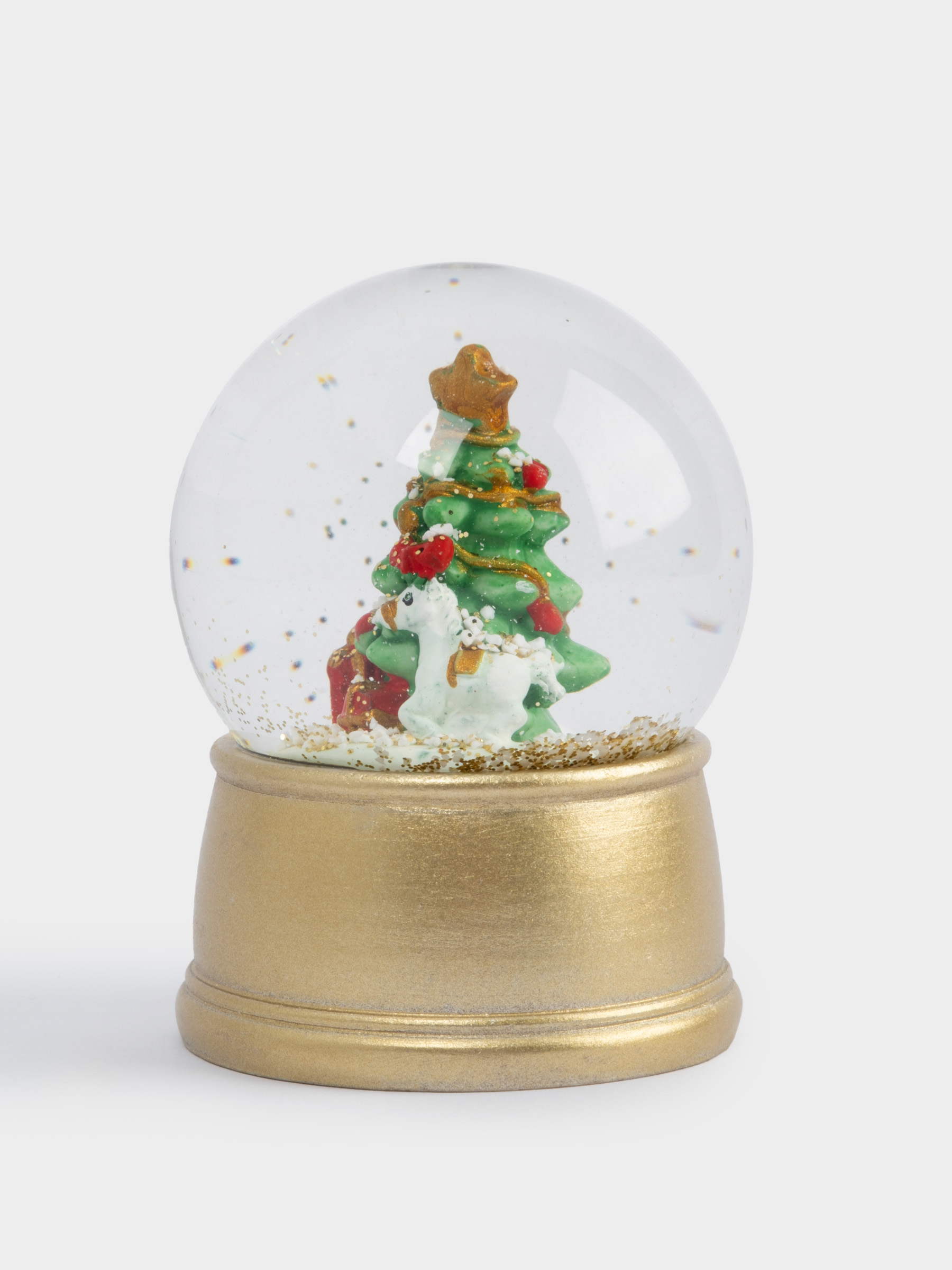 Снежный шар, 7 см, с подсветкой, стекло/полирезин, золотистый, Ель с подарками, New year
