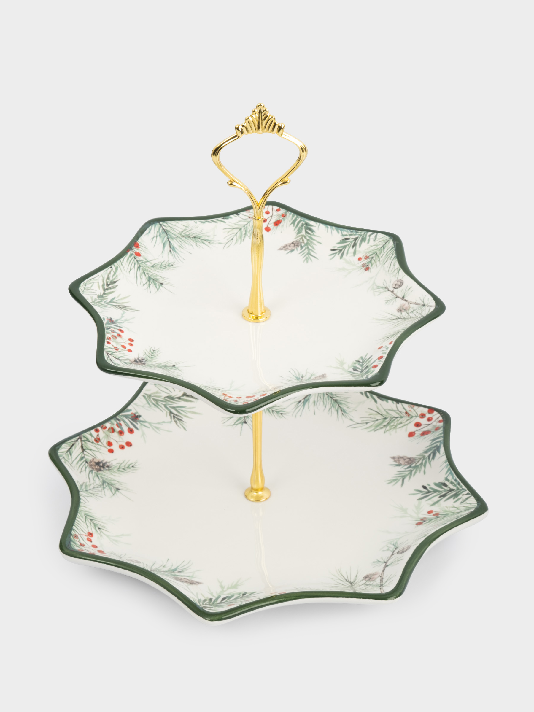 Подставка для пирожных, 25х20/24 см, 2 яруса, керамика D/металл, Еловые ветки, Festival