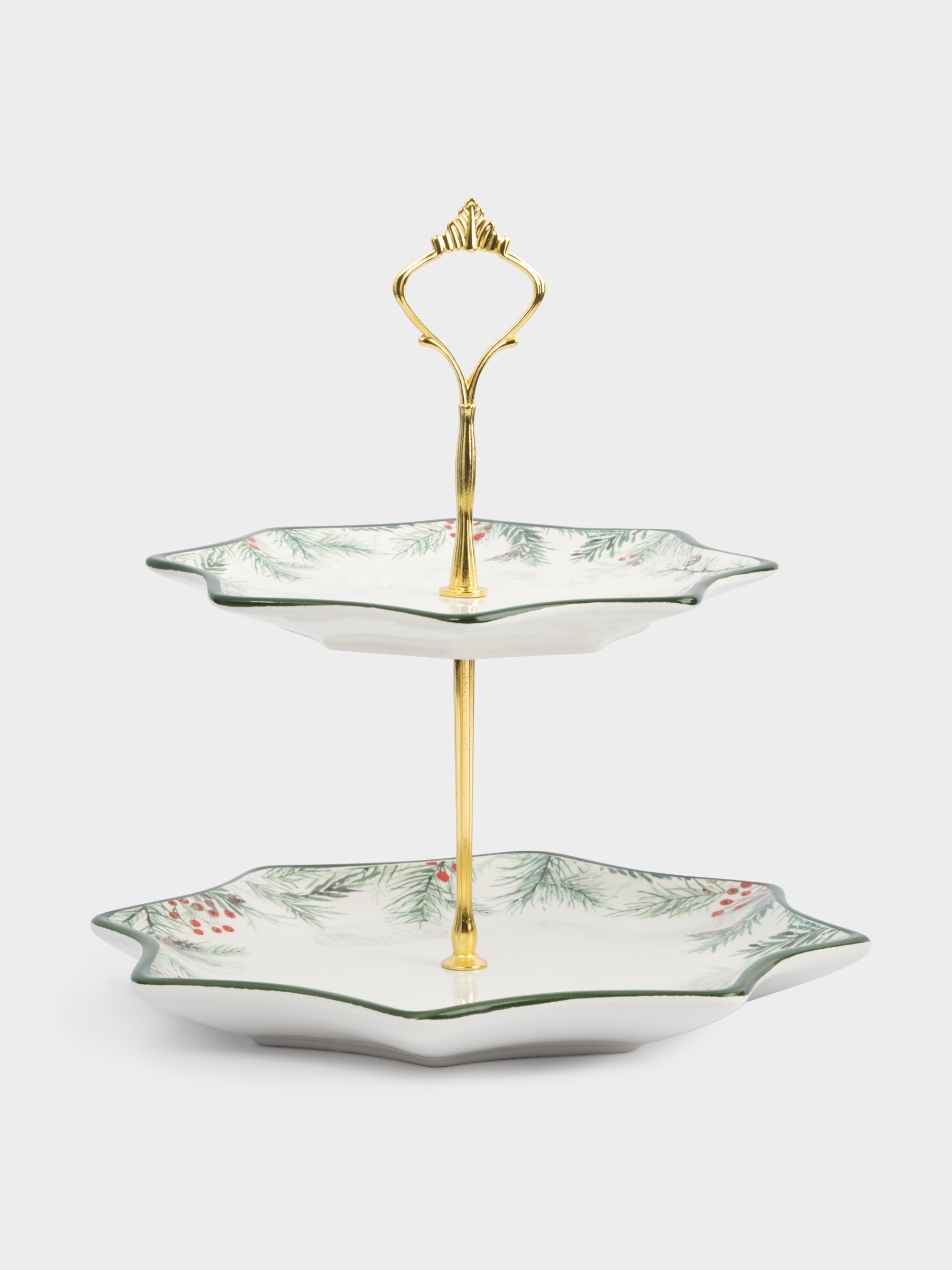 Подставка для пирожных, 25х20/24 см, 2 яруса, керамика D/металл, Еловые ветки, Festival