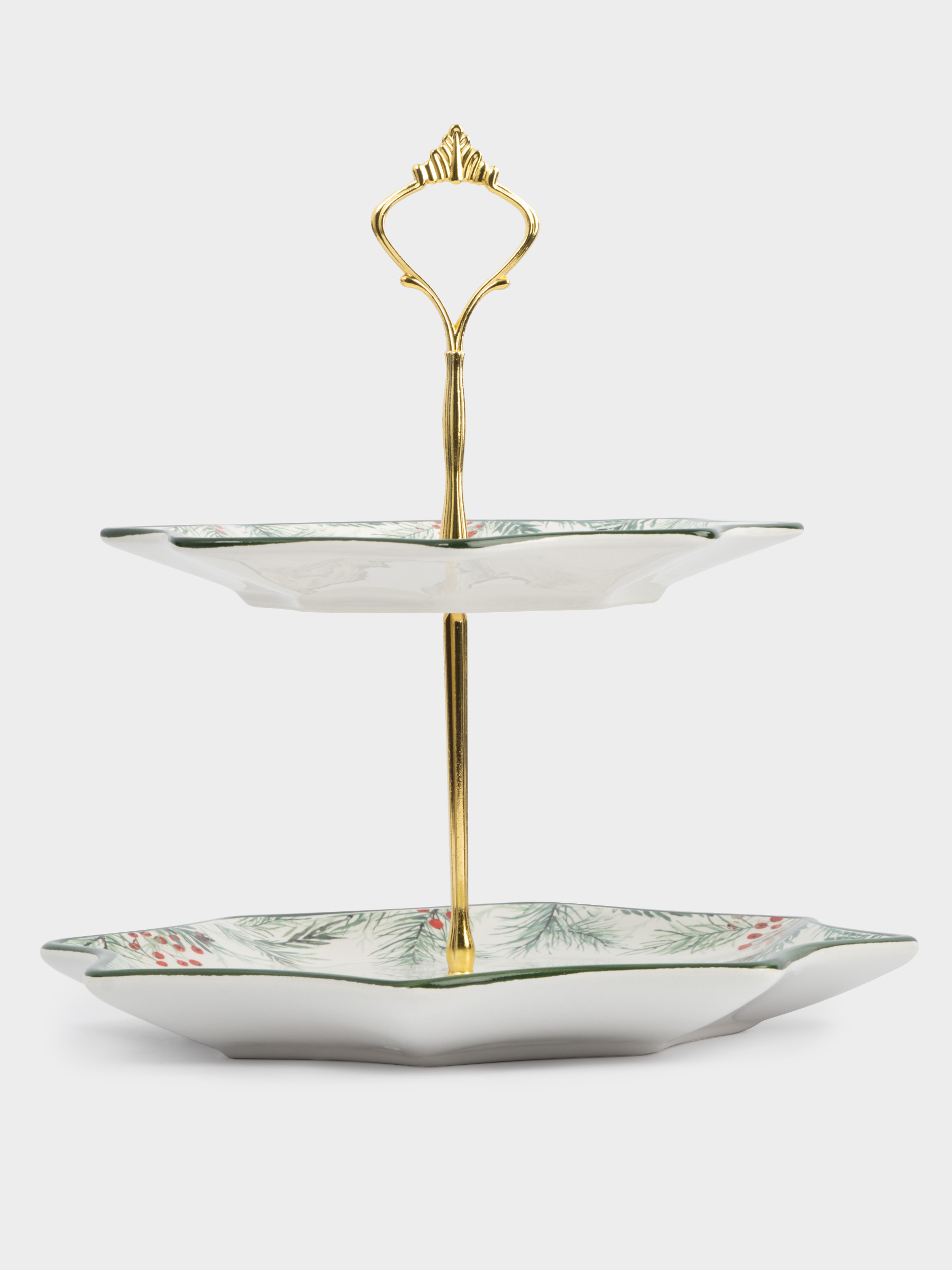 Подставка для пирожных, 25х20/24 см, 2 яруса, керамика D/металл, Еловые ветки, Festival