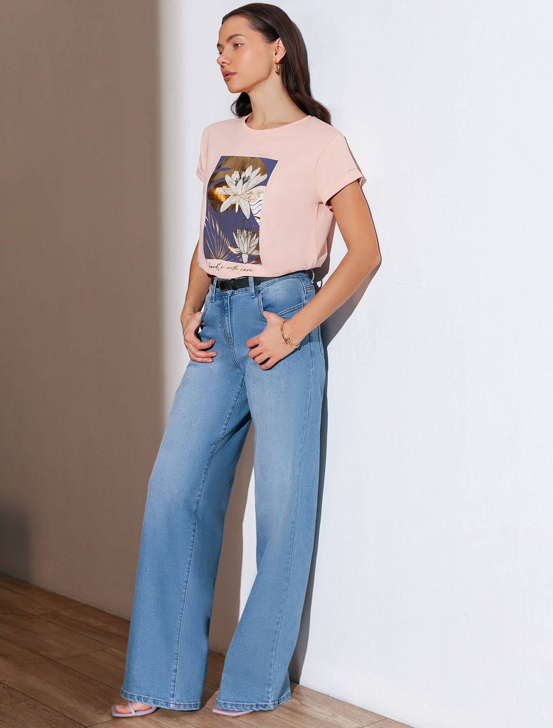 Свободная футболка с принтом из премиального хлопка с эластаном D49.146 пудра_care