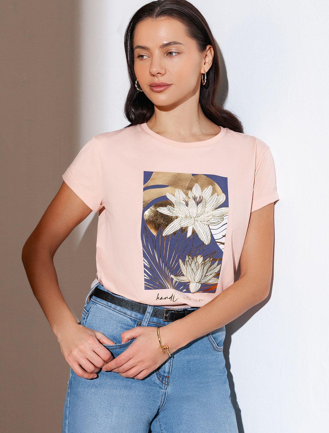 Свободная футболка с принтом из премиального хлопка с эластаном D49.146 пудра_care