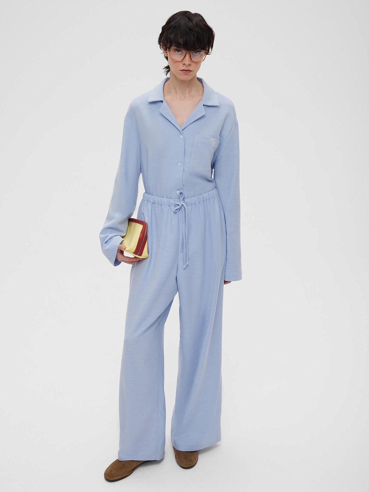 2463р4925рБрюки из льняной ткани на резинке 0178, голубой