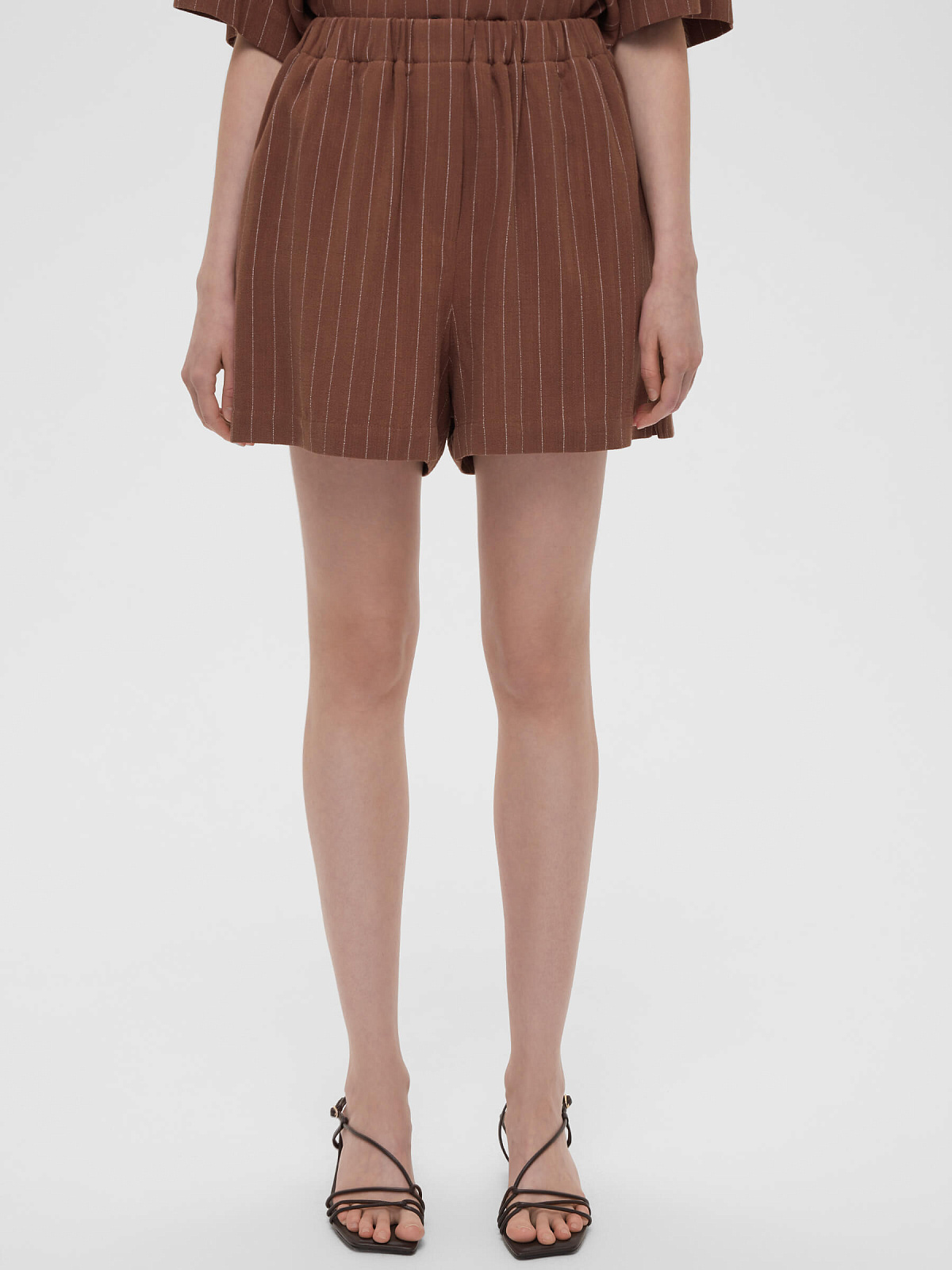 2129р3275рШорты льняные в полоску 0198, коричневый