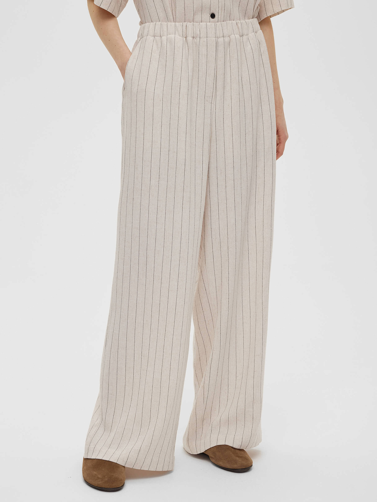 1970р4925рБрюки льняные на резинке в полоску, молочный