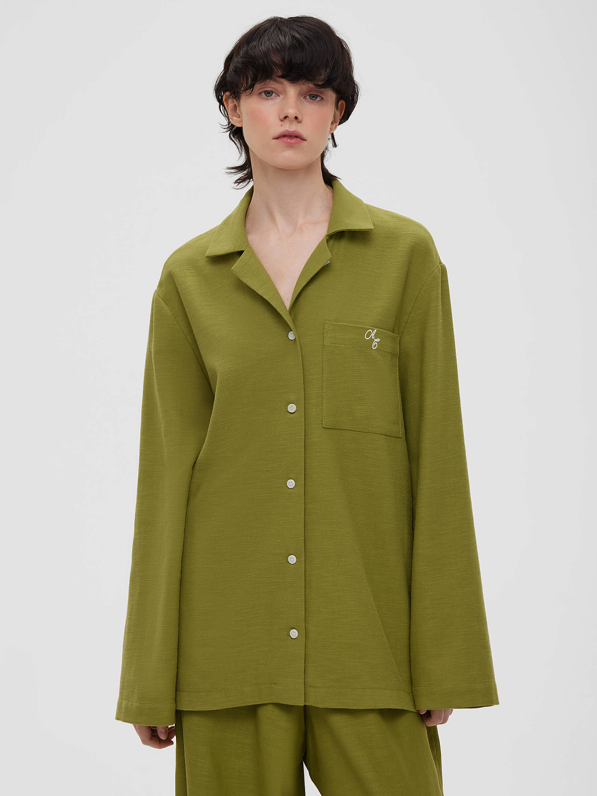 2463р4925рРубашка льняная с длинным рукавом с вышивкой, зеленый