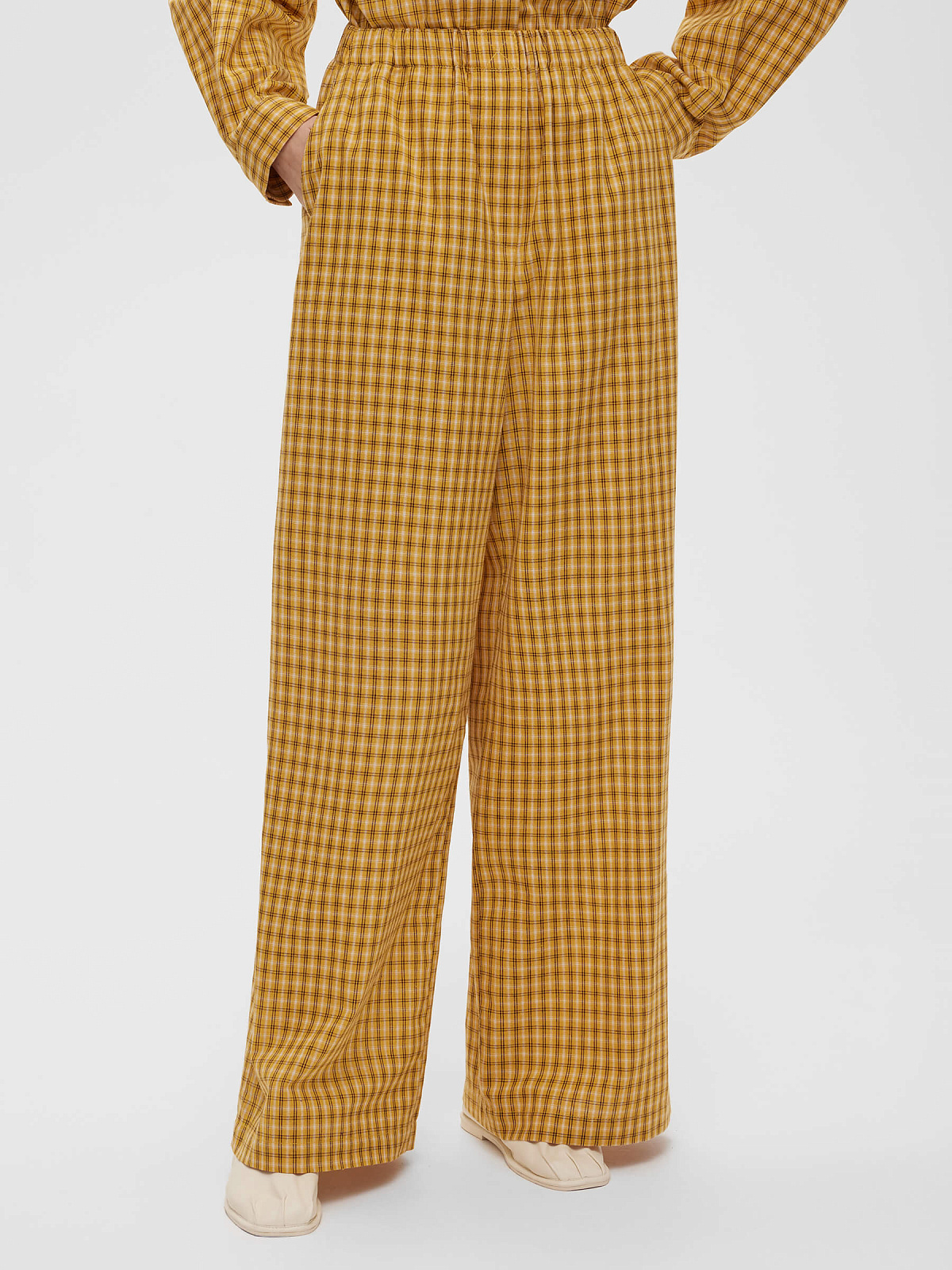 Брюки клеш из хлопка в клетку, желтый