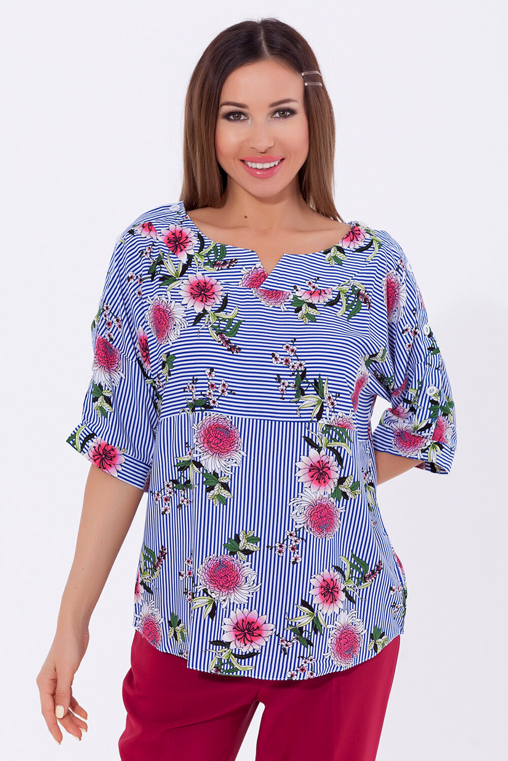 ст. цена1278руб.! VISERDI Блузка 10023-пцв 259660Синий/розовые цветы