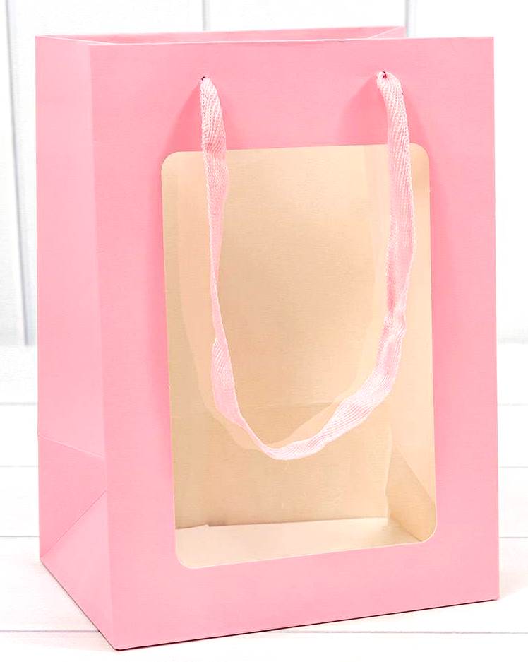 2338 Пакет подар.бумажый с окошком (18*25*13см) Розовый (*20)