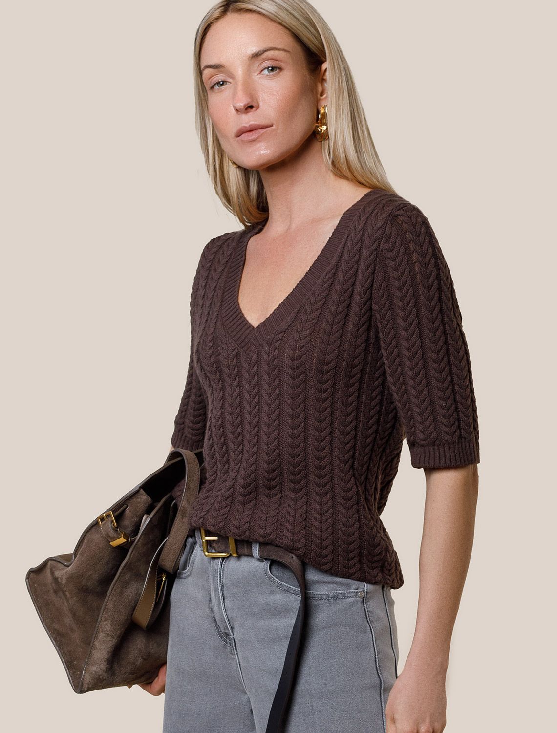 Ст.цена 2250р Джемпер фактурной вязки из хлопка с кашемиром D39.349 коричневый