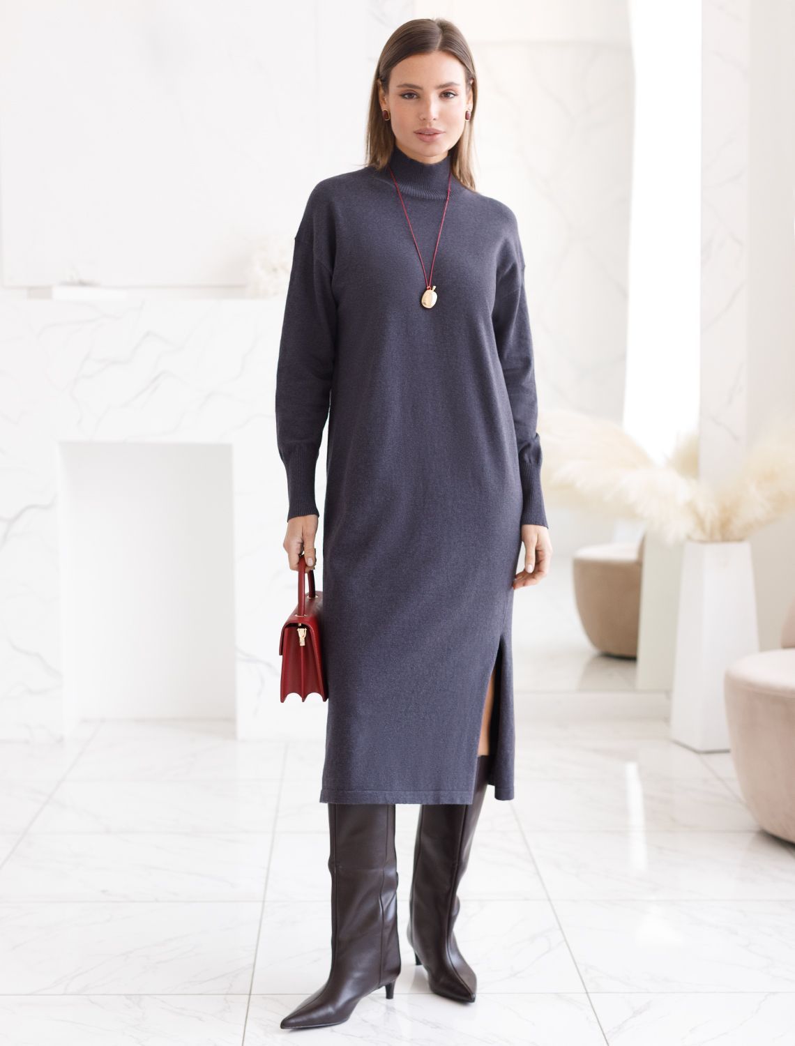 Ст.цена 2690р Платье тонкой вязки из хлопка с нейлоном D32.106 серый меланж