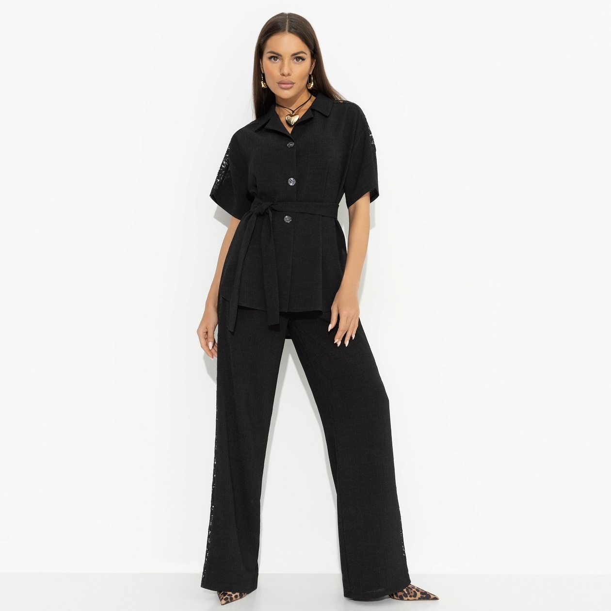 Брючный костюм с кружевными вставками, Престижная номинация (черный, 2 в 1, с поясом)