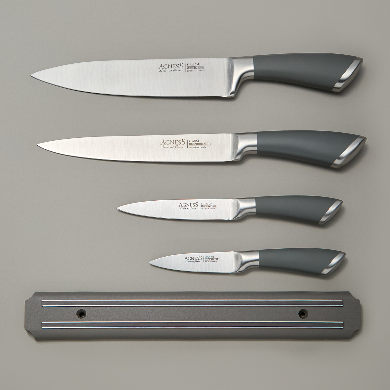НАБОР НОЖЕЙ AGNESS 5 ПР.С МАГНИТНЫМ ДЕРЖАТЕЛЕМ И РУЧКОЙ ИЗ НЕРЖ.СТАЛИ