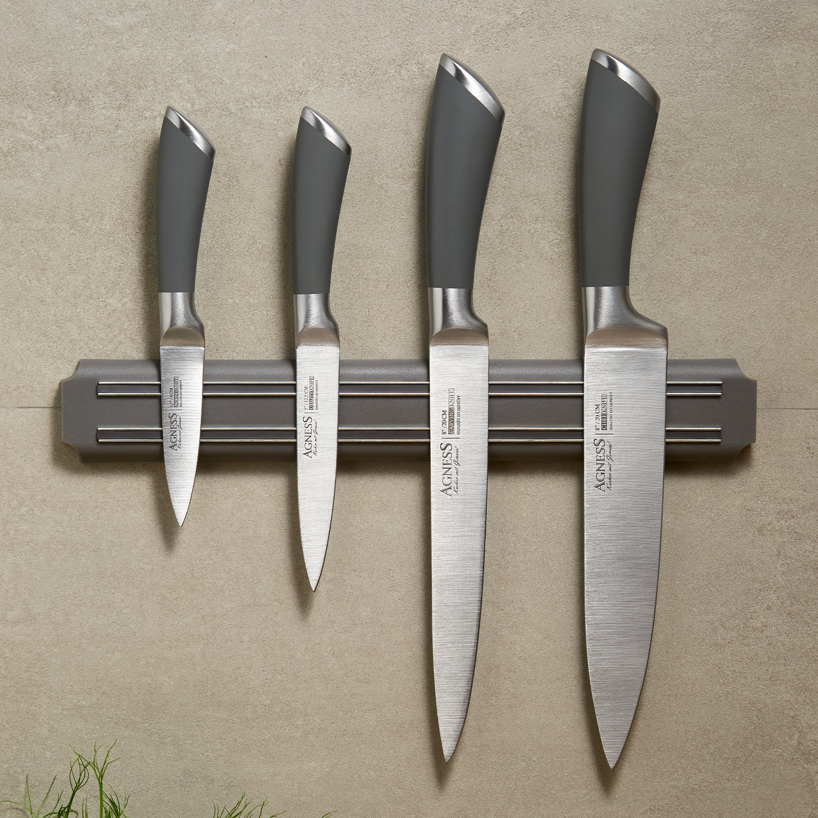 НАБОР НОЖЕЙ AGNESS 5 ПР.С МАГНИТНЫМ ДЕРЖАТЕЛЕМ И РУЧКОЙ ИЗ НЕРЖ.СТАЛИ