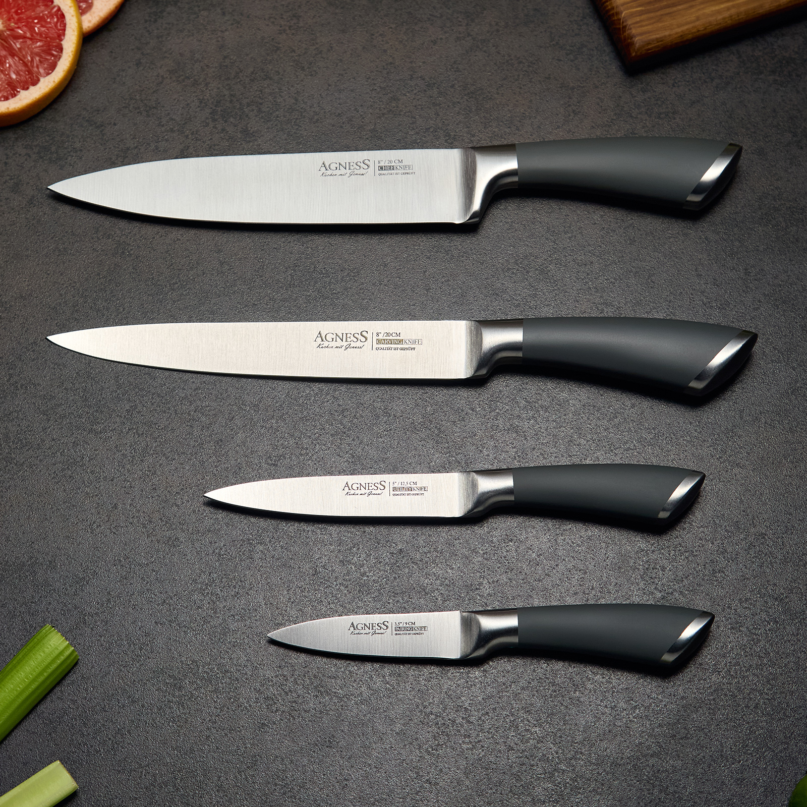 НАБОР НОЖЕЙ AGNESS 5 ПР.С МАГНИТНЫМ ДЕРЖАТЕЛЕМ И РУЧКОЙ ИЗ НЕРЖ.СТАЛИ