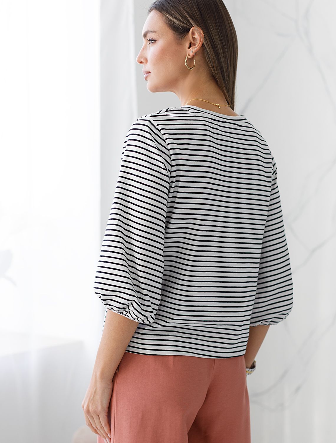 Лонгслив в полоску с рукавами-буфами из премиального хлопка с эластаном