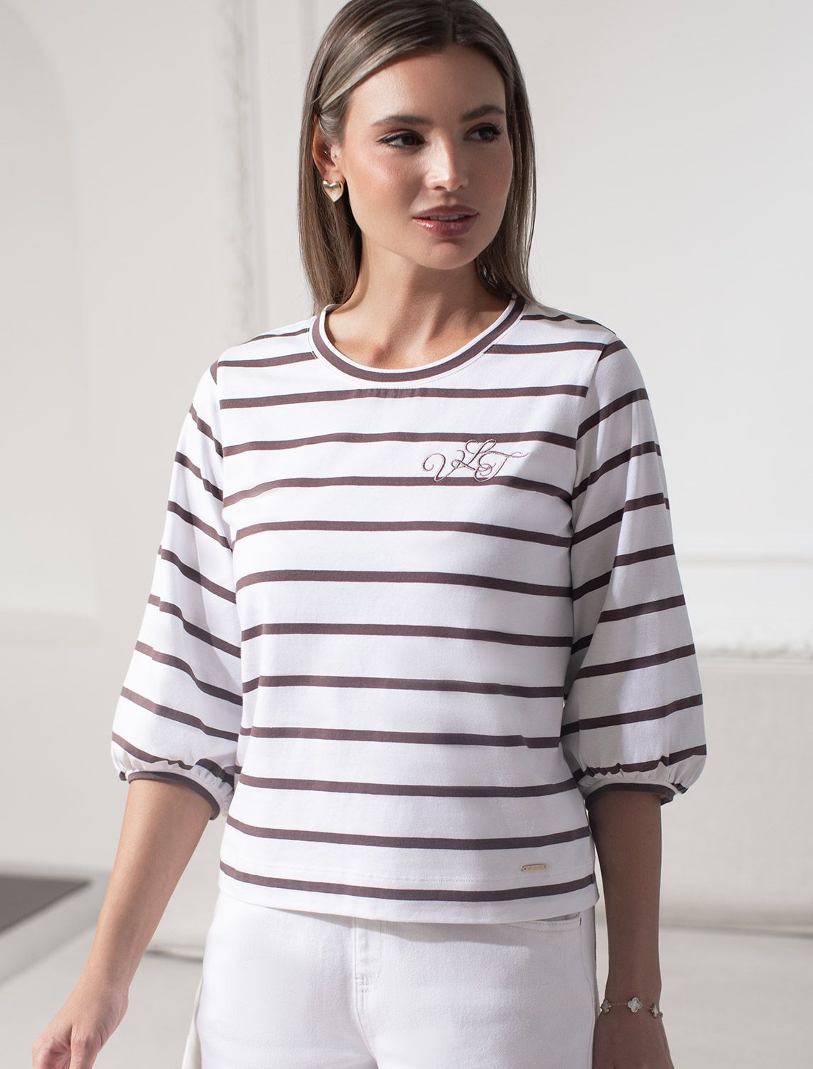 Лонгслив в полоску с рукавами-буфами из премиального хлопка с эластаном