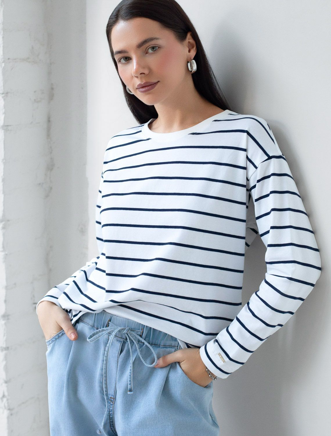 Лонгслив в полоску из премиального хлопка с эластаном