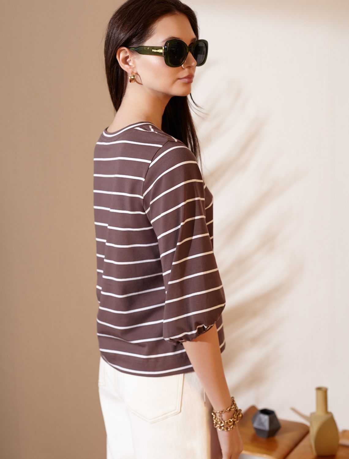 Лонгслив в полоску с рукавами-буфами из премиального хлопка с эластаном