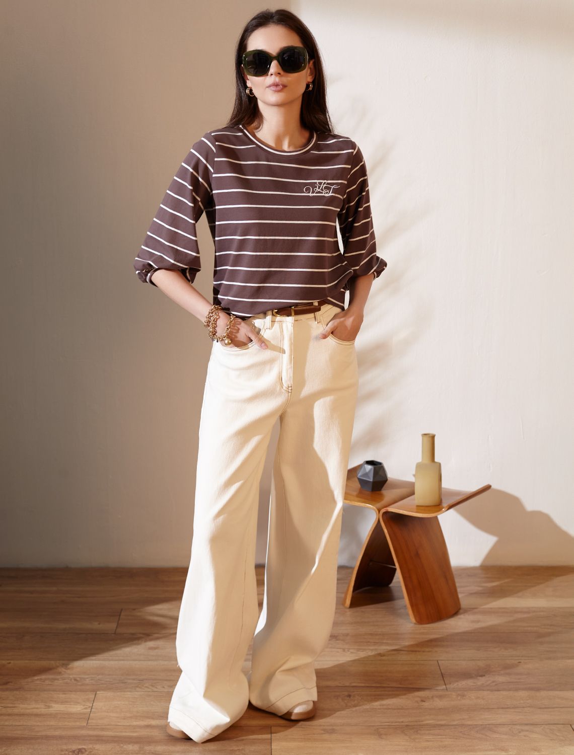 Лонгслив в полоску с рукавами-буфами из премиального хлопка с эластаном