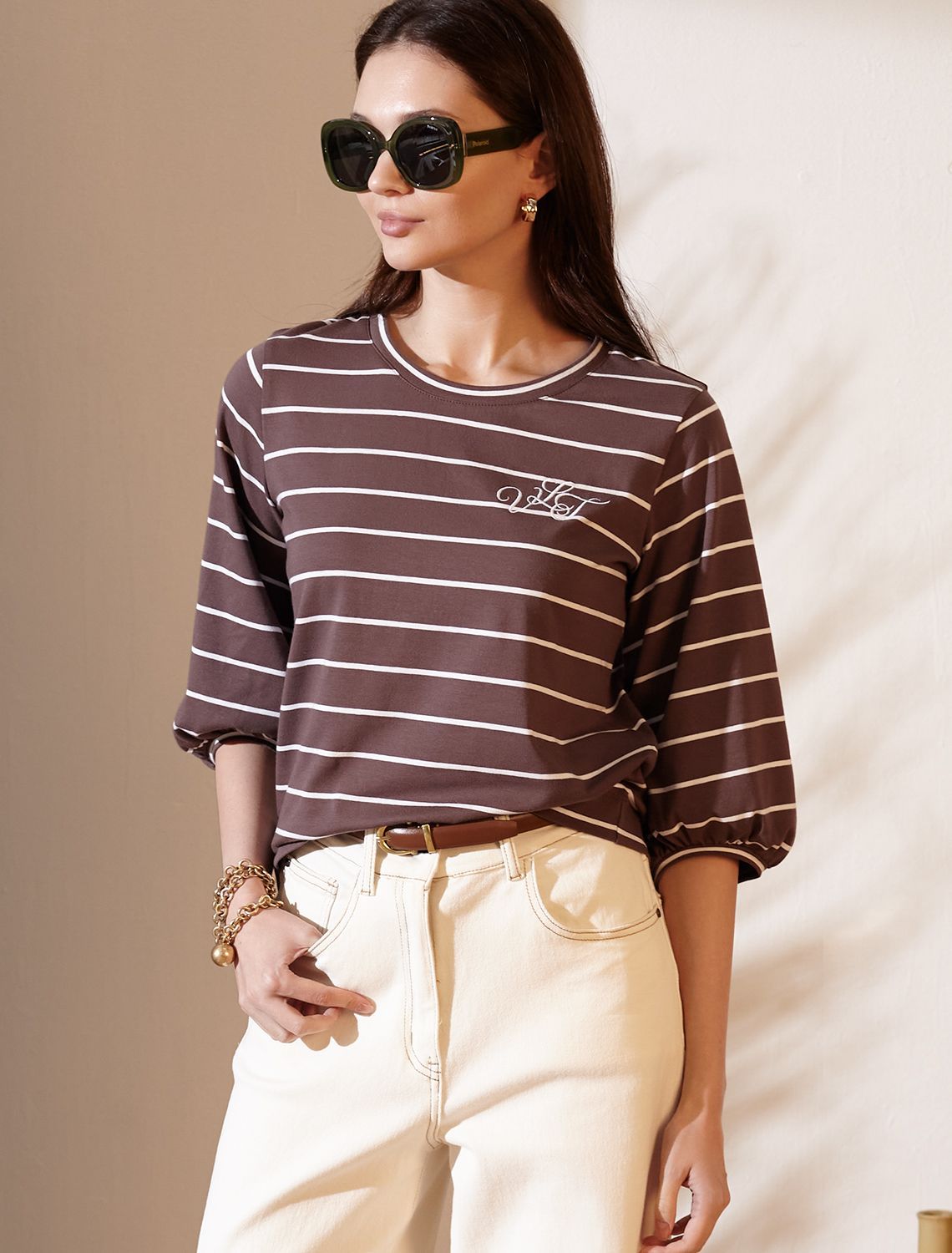 Лонгслив в полоску с рукавами-буфами из премиального хлопка с эластаном