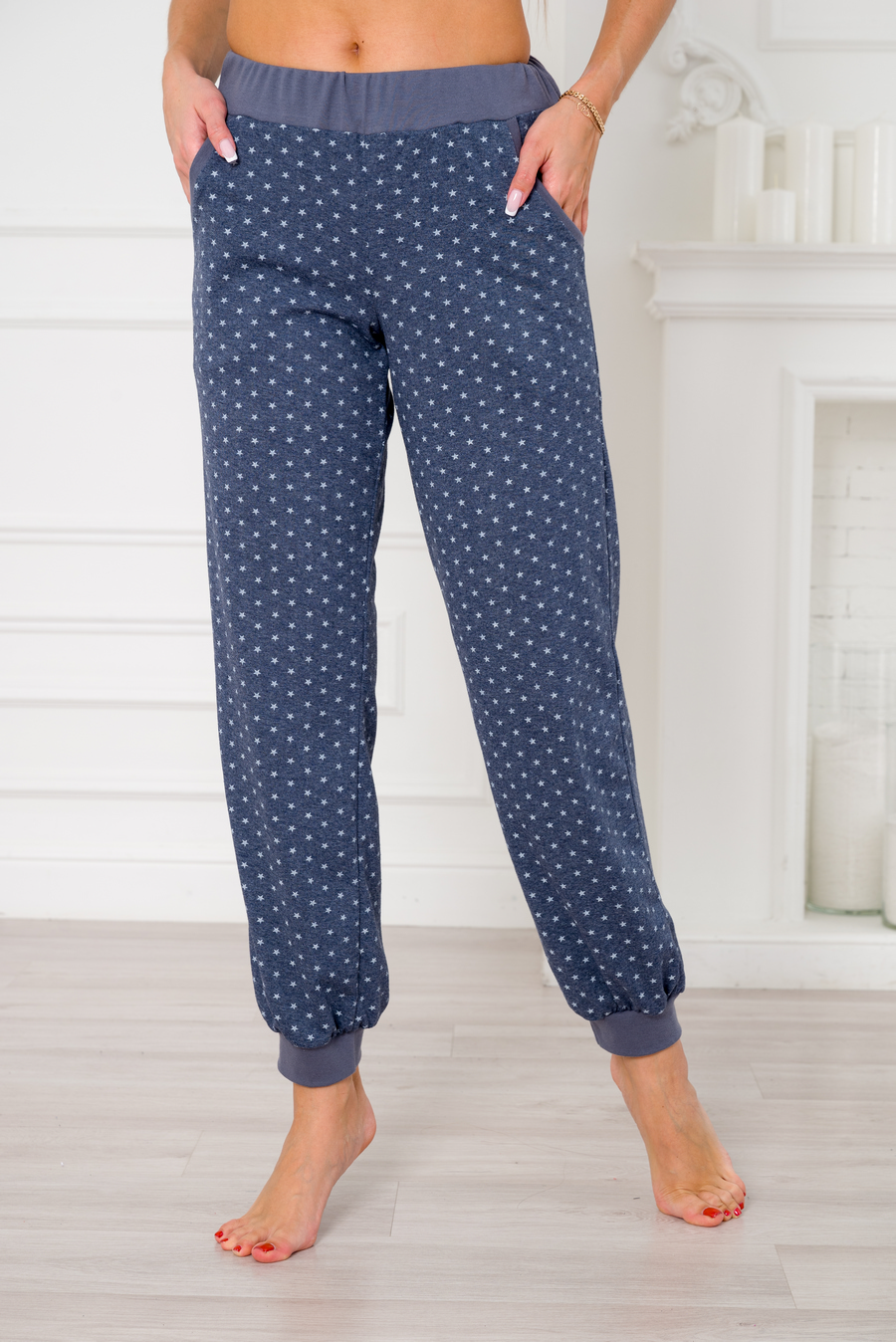 Брюки женские из кулирки на манжете звезды синий