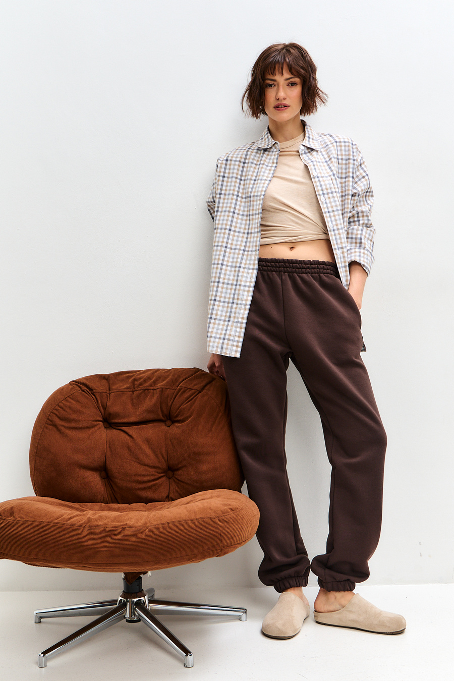 Брюки женские из футера трехнитка с начесом Сова шоколад