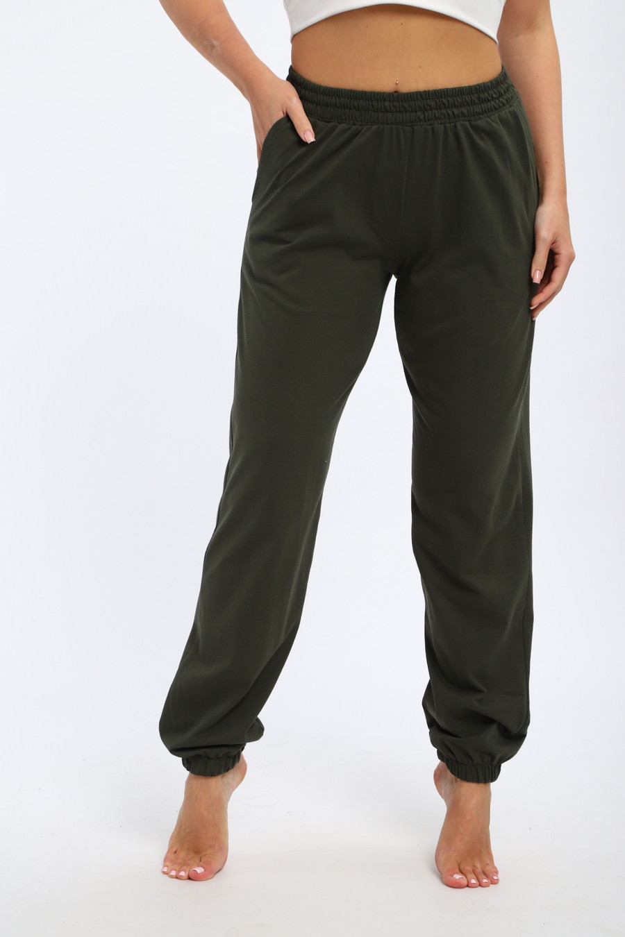 Брюки женские из кулирки на резинке хаки