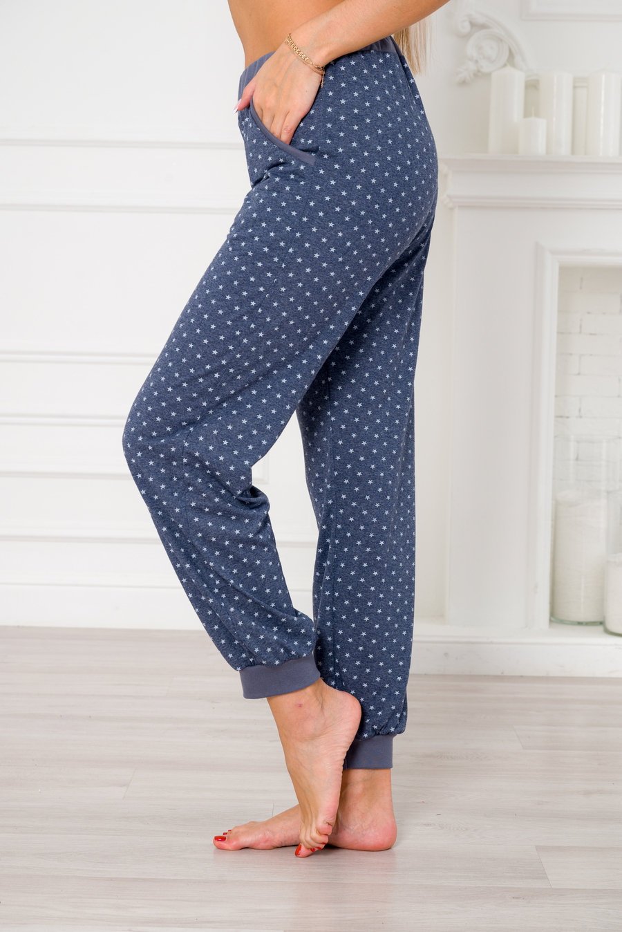 Брюки женские из кулирки на манжете звезды синий