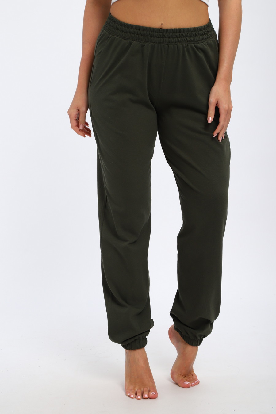 Брюки женские из кулирки на резинке хаки