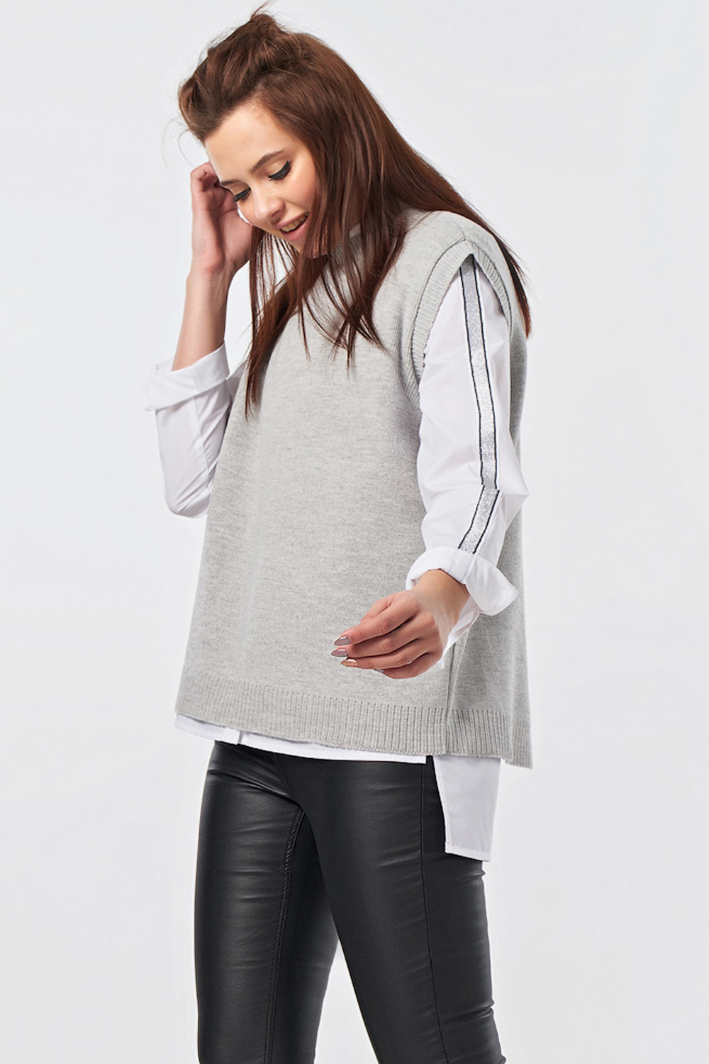 ст. цена1406руб.! Жилет вязаный короткий из хлопка светло-серый