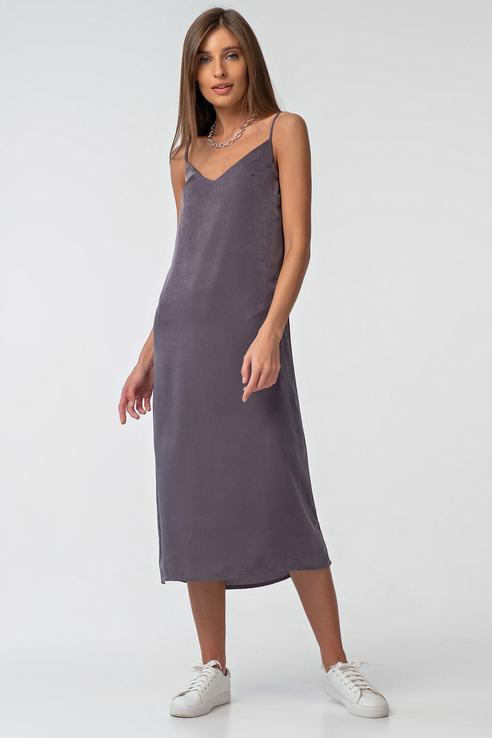 ст. цена2186руб.! Платье-комбинация шелковое миди на подкладке серое