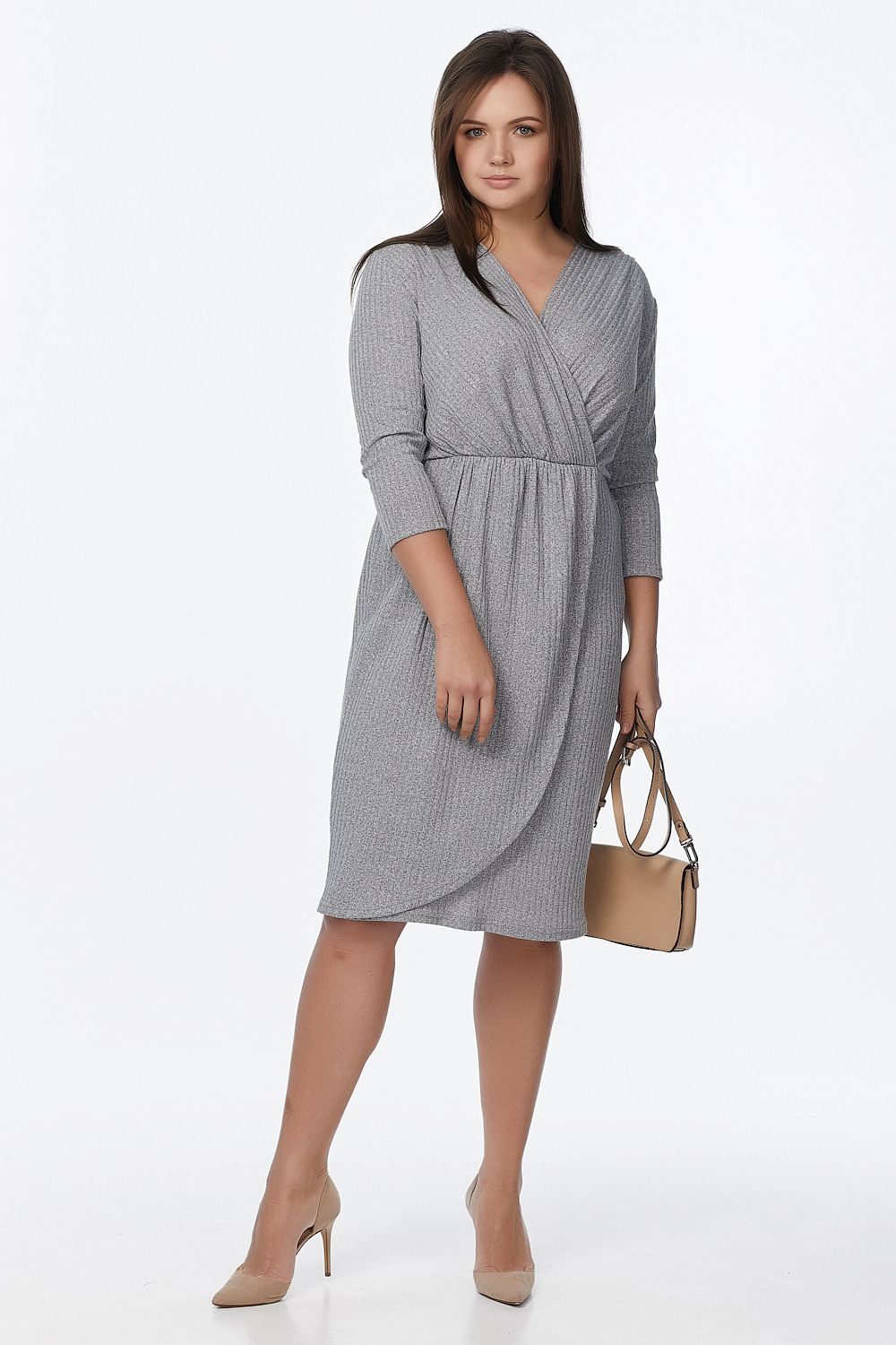 ст. цена2379руб.! Платье трикотажное прилегающее с запахом большого размера серое