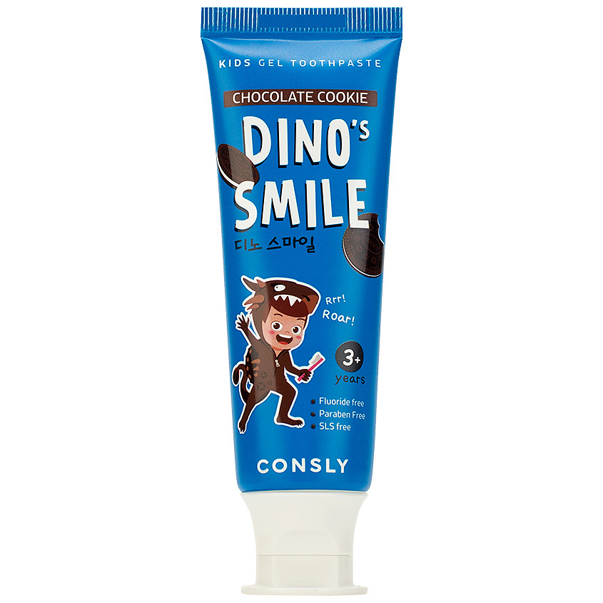 Детская гелевая зубная паста DINO's SMILE c ксилитом и вкусом шоколадного печенья, 60г, Consly
