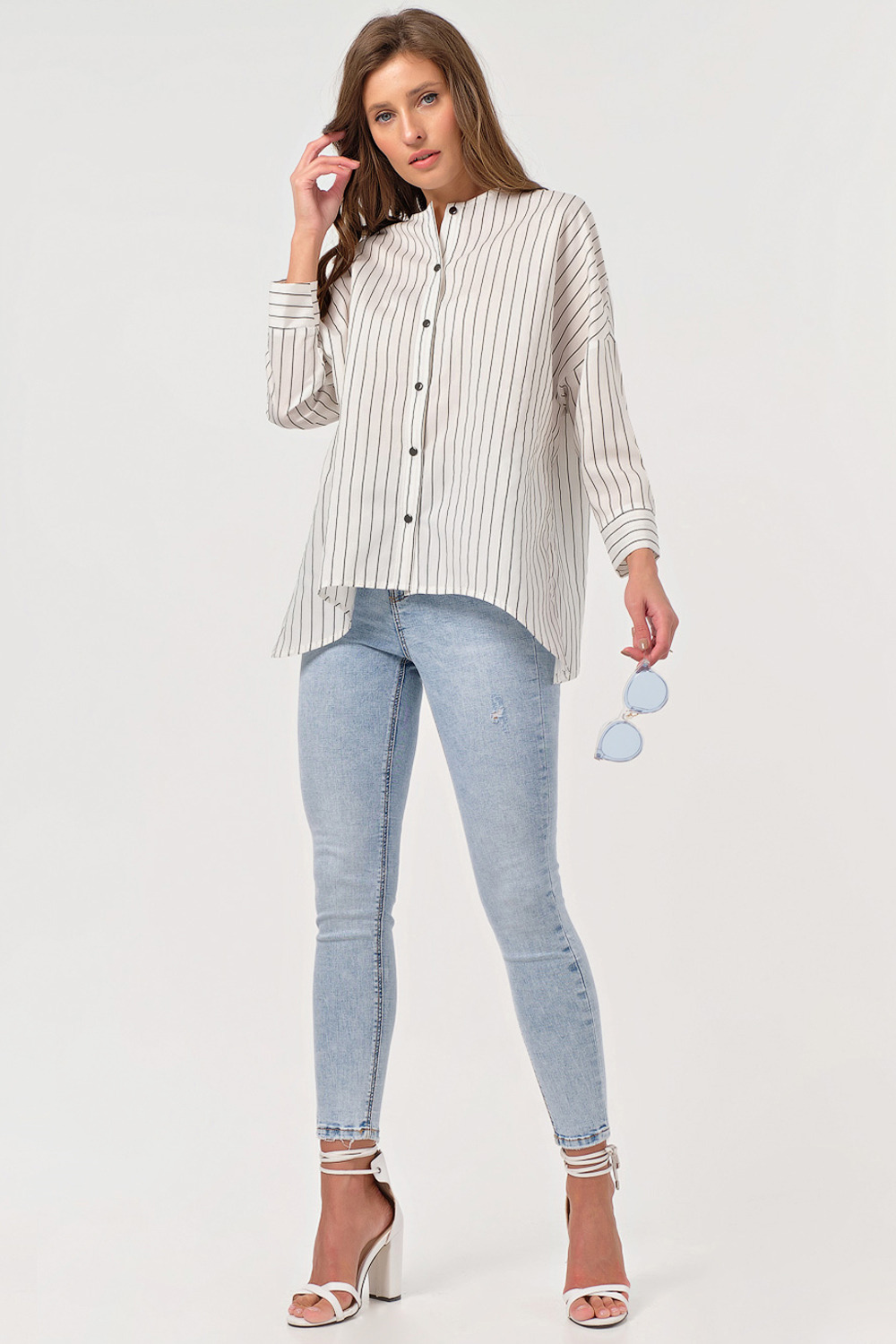 ст. цена1778руб.! Блузка свободная на пуговицах в полоску на белом