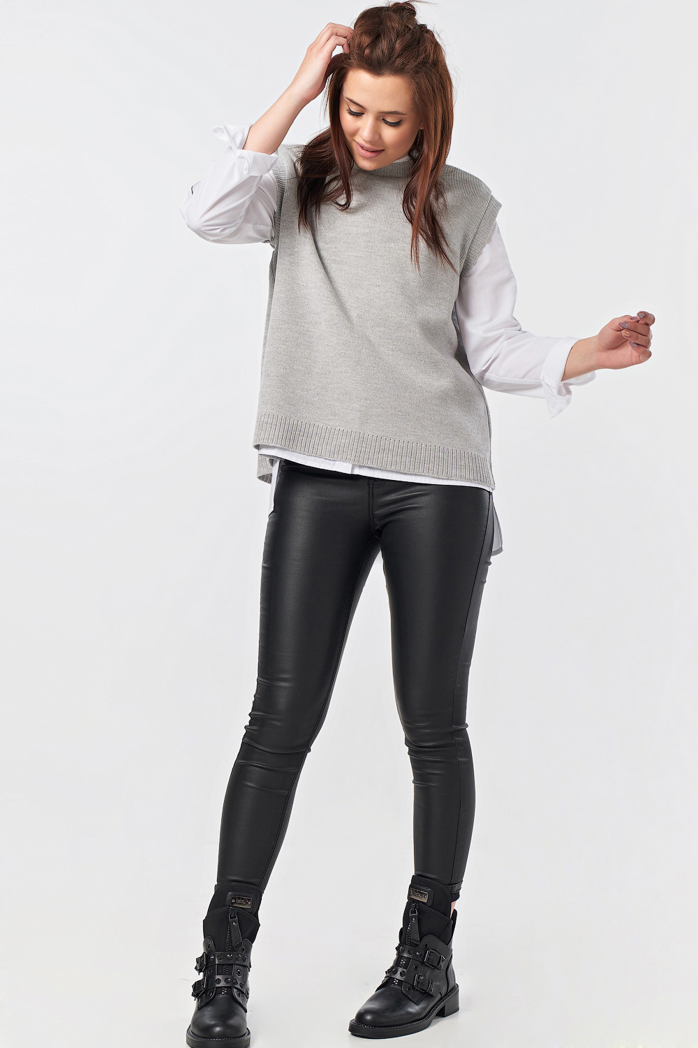 ст. цена1406руб.! Жилет вязаный короткий из хлопка светло-серый