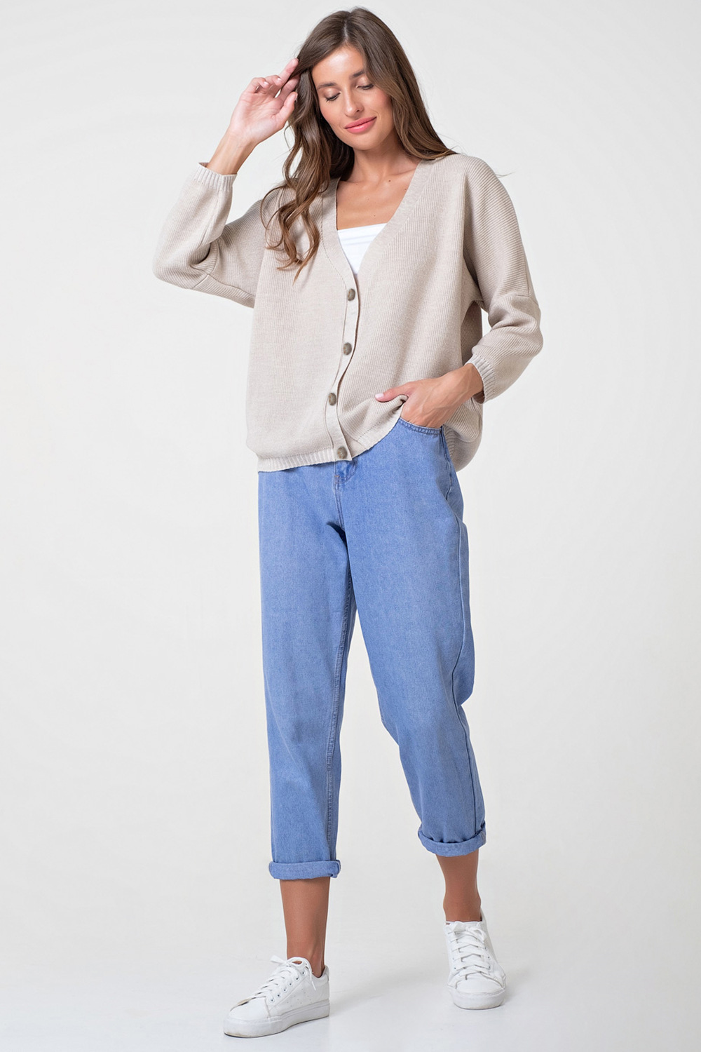 ст. цена1969руб.! Джемпер вязаный оверсайз на пуговицах из хлопка бежевый меланж