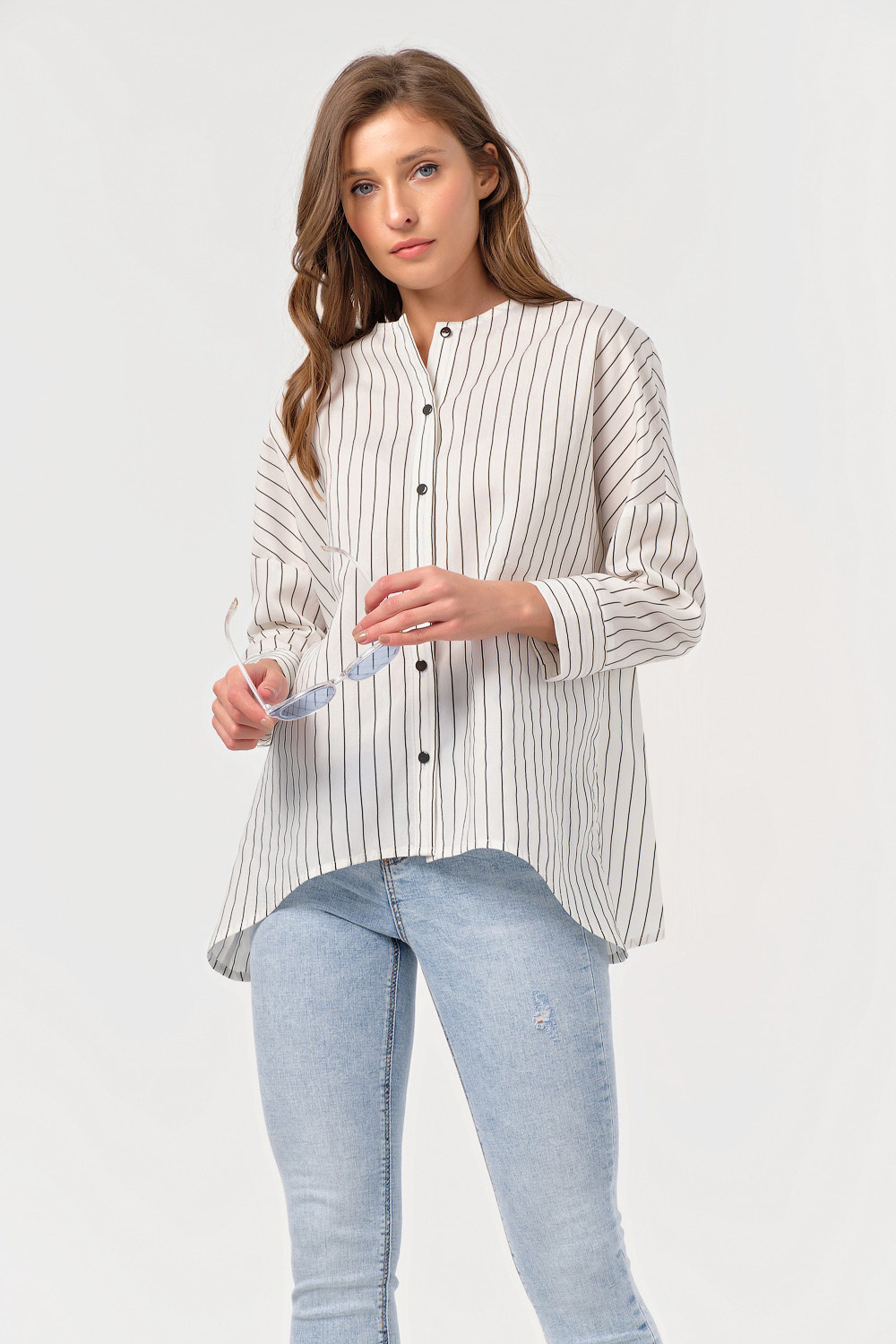 ст. цена1778руб.! Блузка свободная на пуговицах в полоску на белом