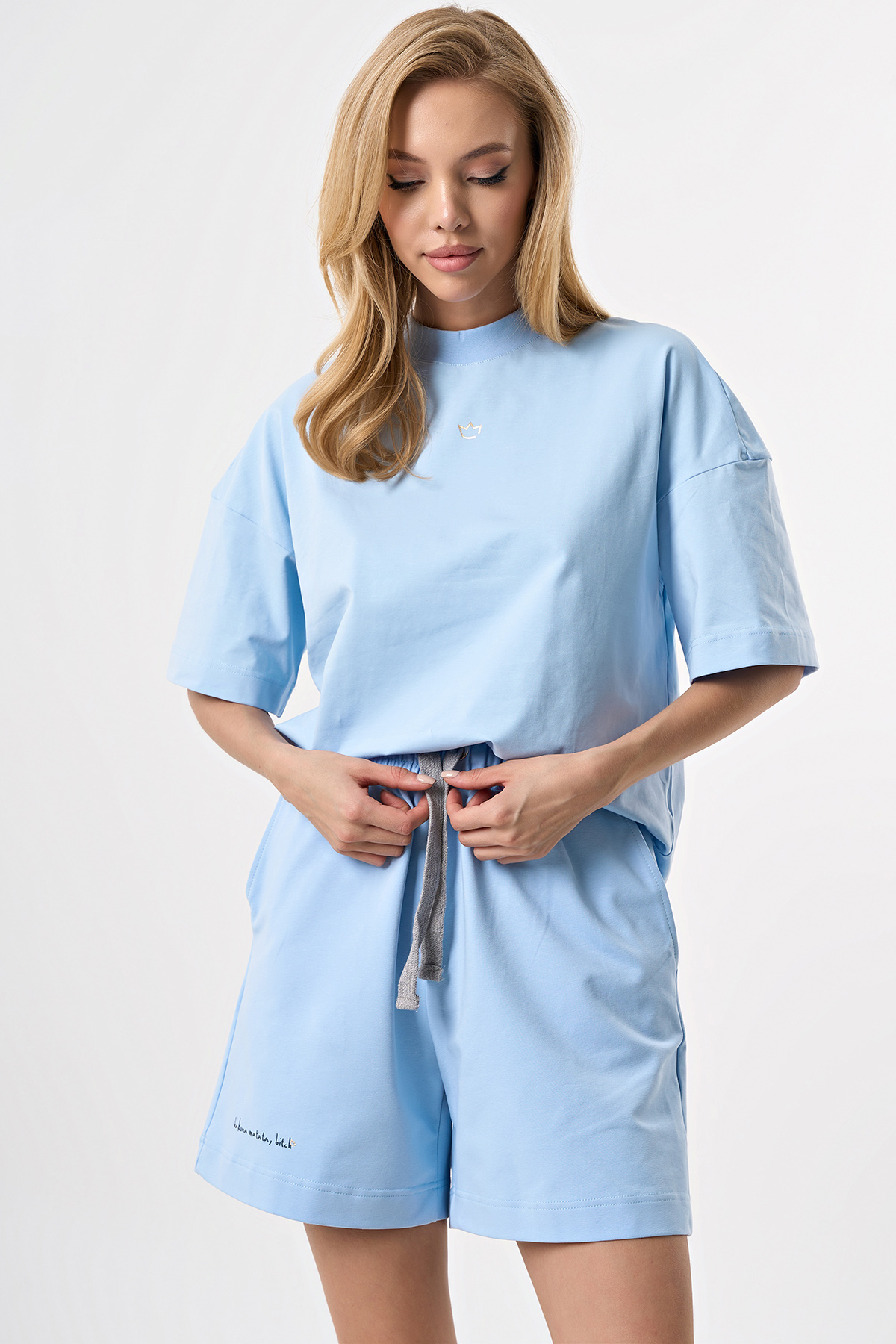 ст. цена2958руб.! Костюм летний спортивный оверсайз с шортами из хлопка голубой