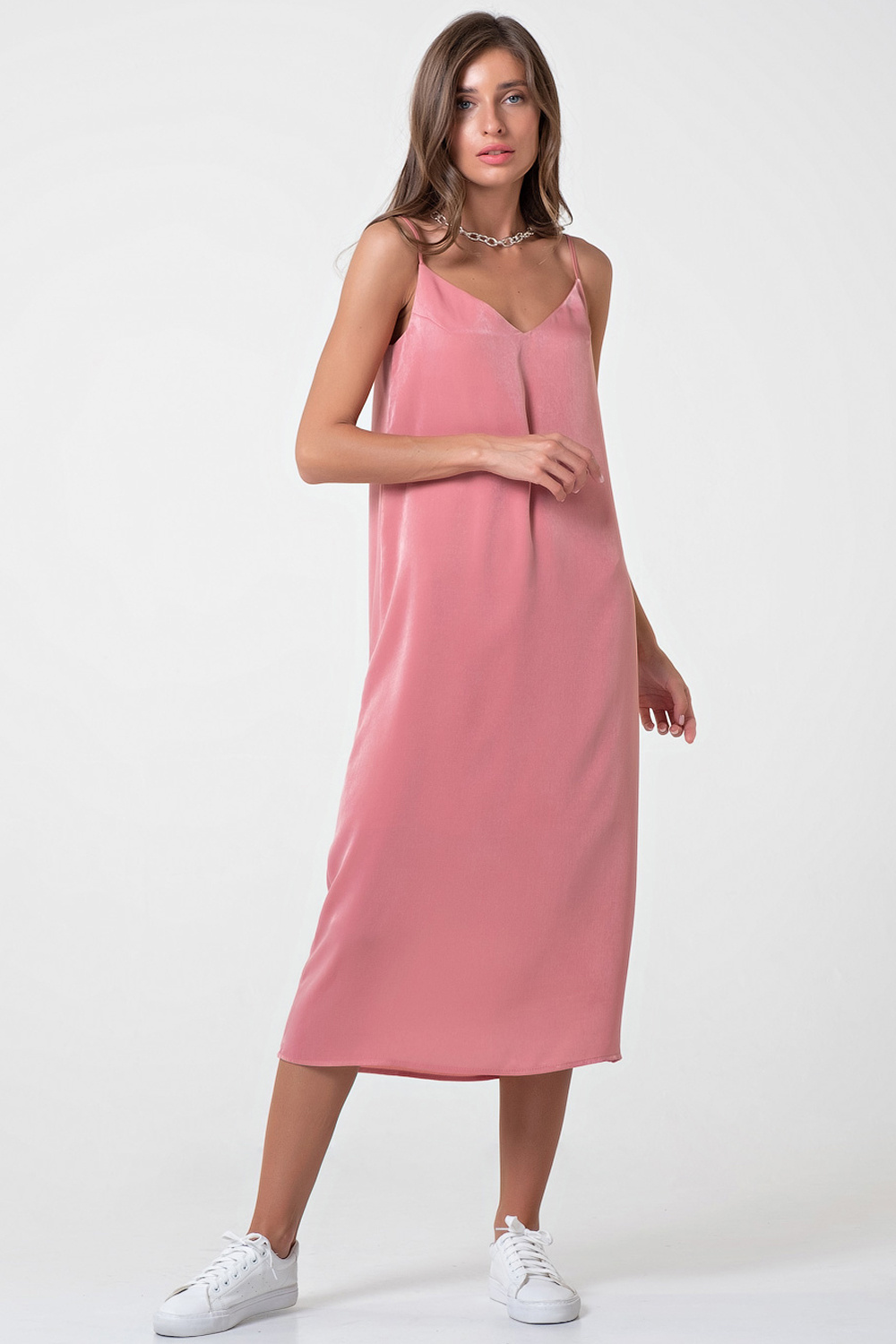 ст. цена2186руб.! Платье-комбинация шелковое миди на подкладке коралловое