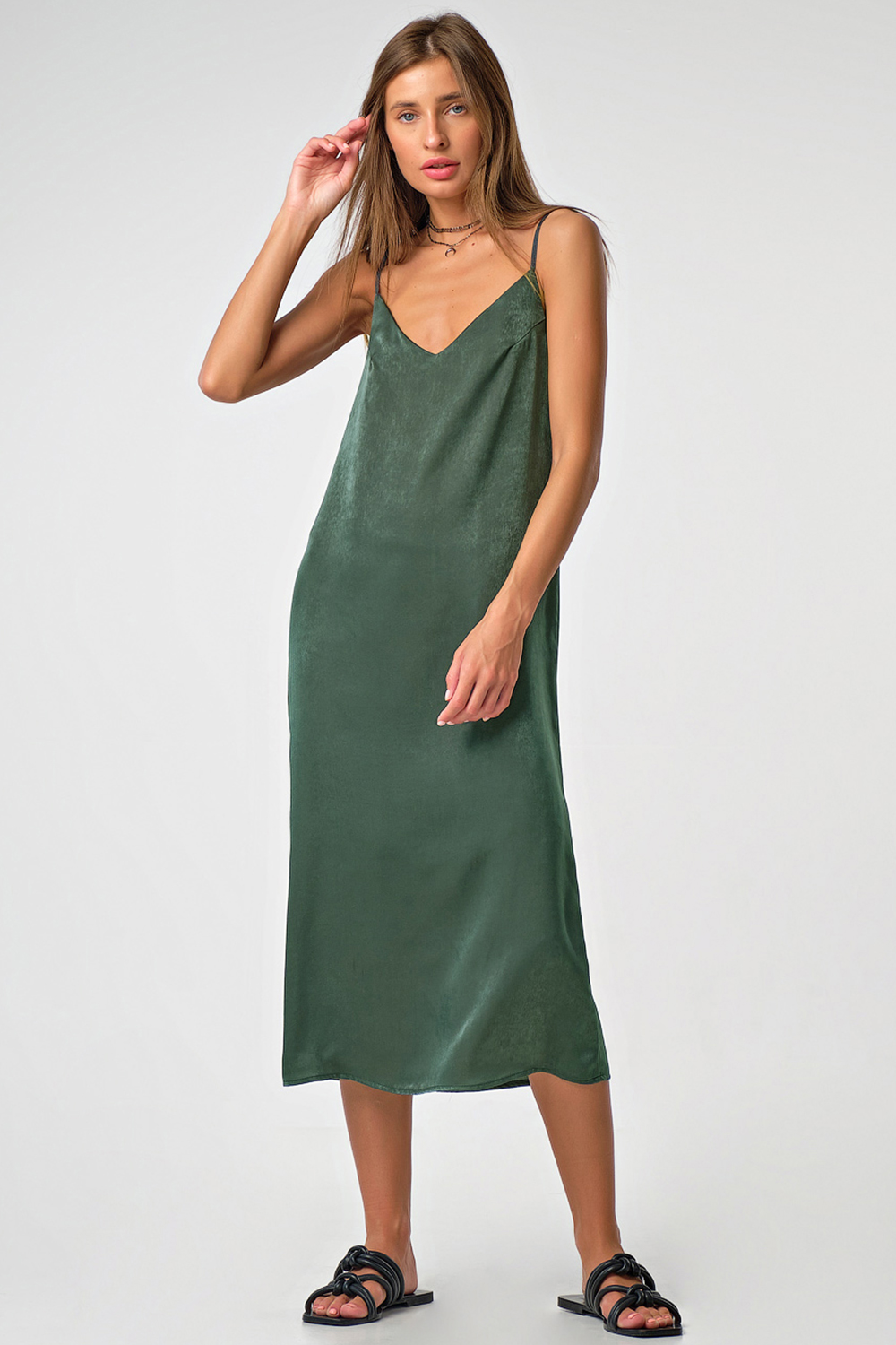 ст. цена2377руб.! Платье-комбинация шелковое миди на подкладке изумрудное