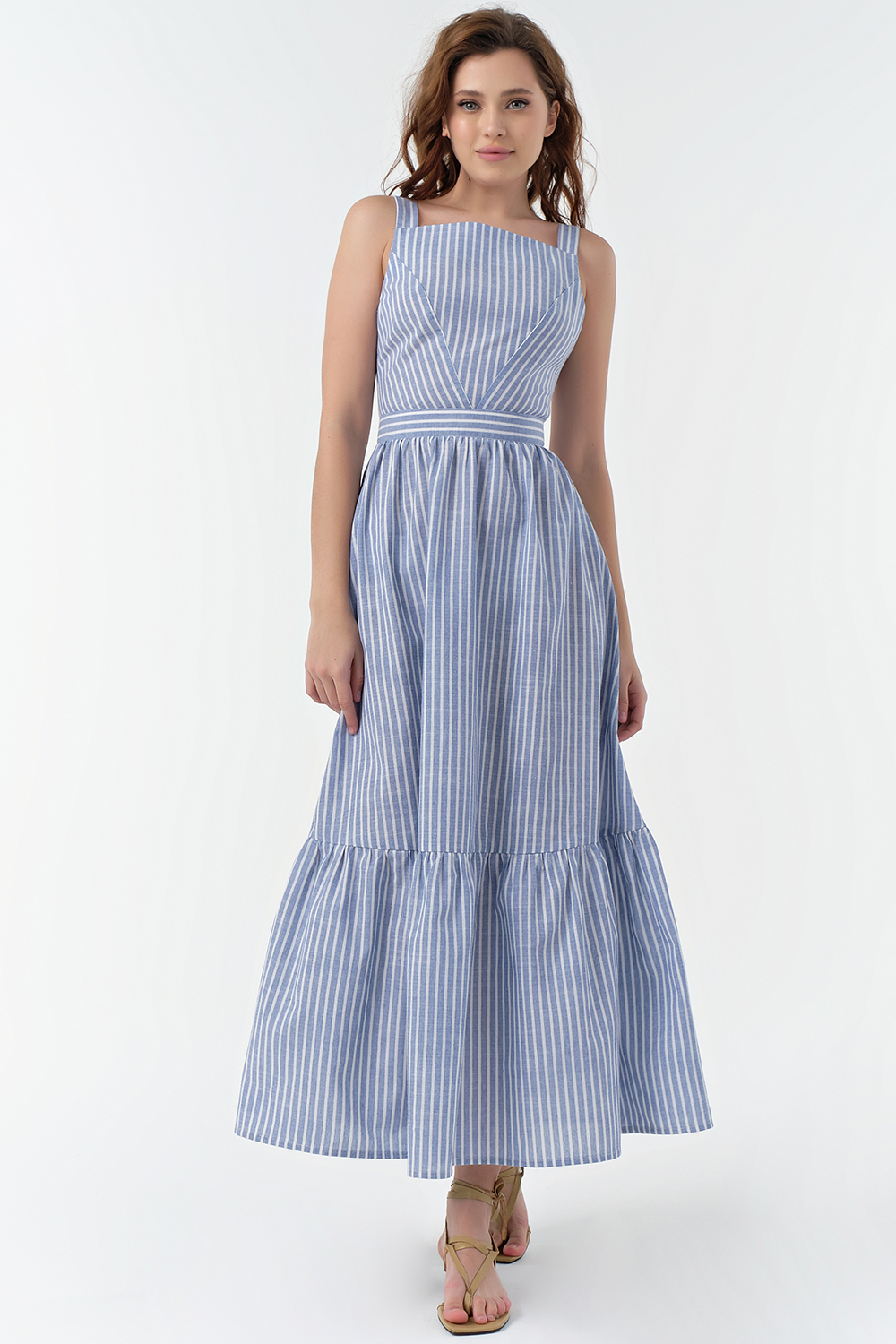 ст. цена2860руб.! Сарафан летний длинный из хлопка в белую полоску на голубом