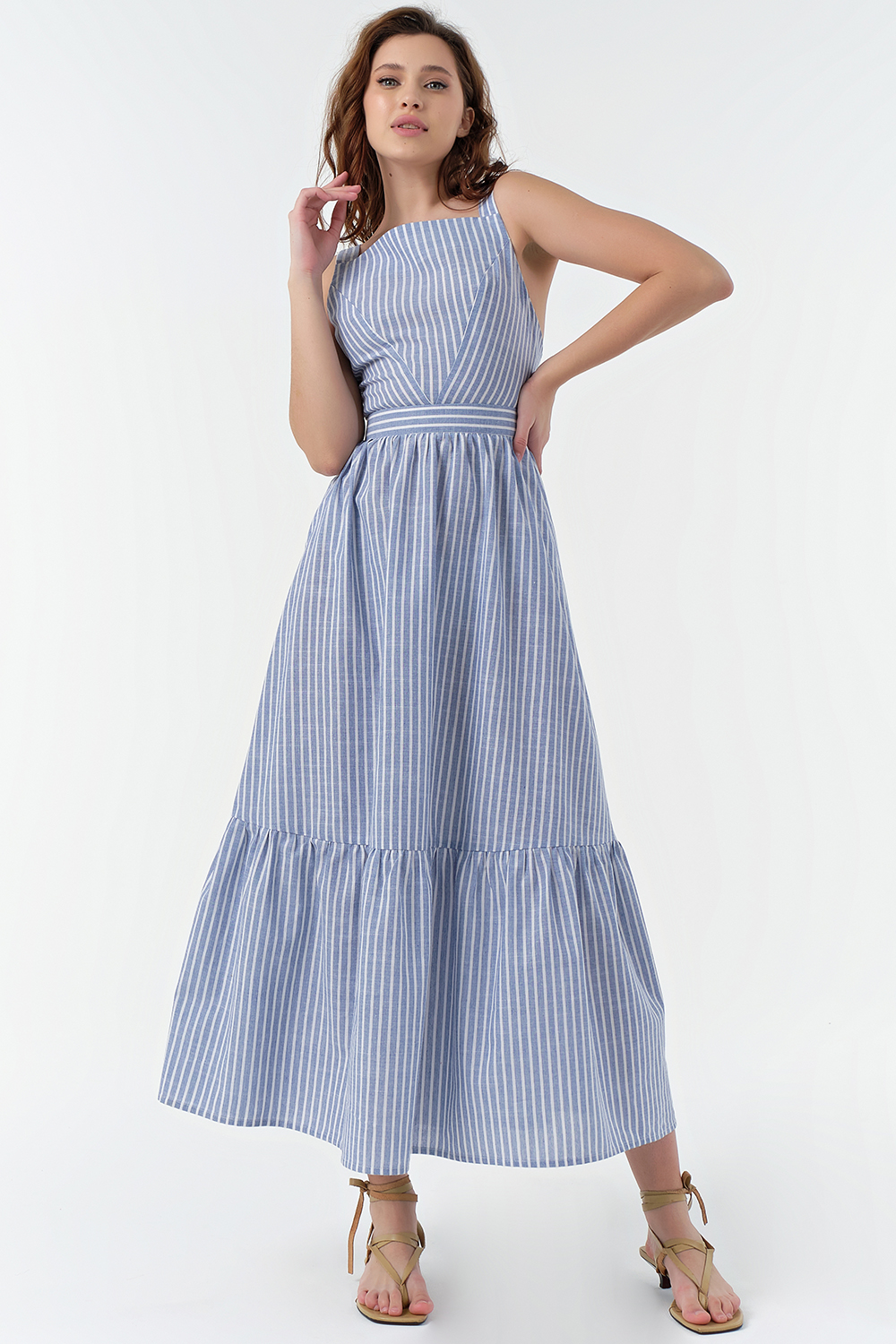 ст. цена2860руб.! Сарафан летний длинный из хлопка в белую полоску на голубом